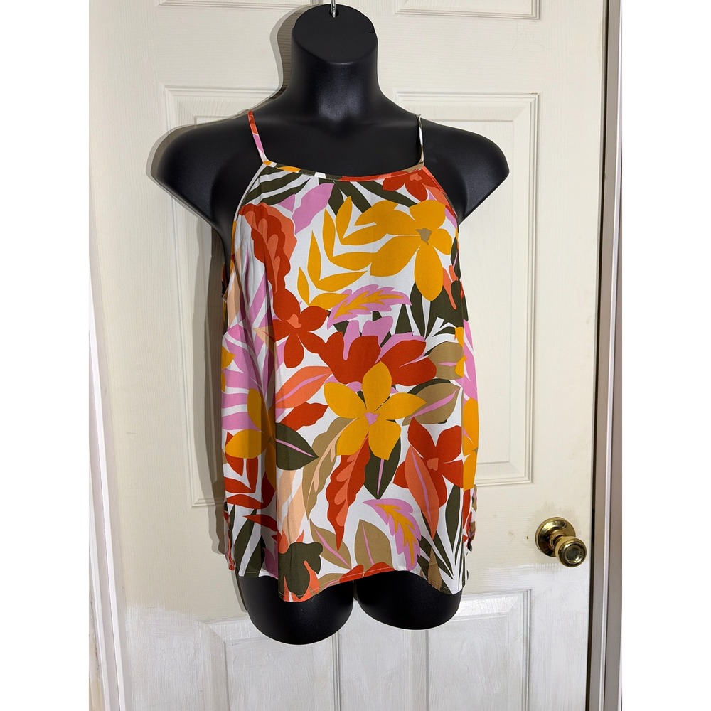 Loft New Medium Tropical Floral Halter Camisole vacay Top Orange Yellow Pink